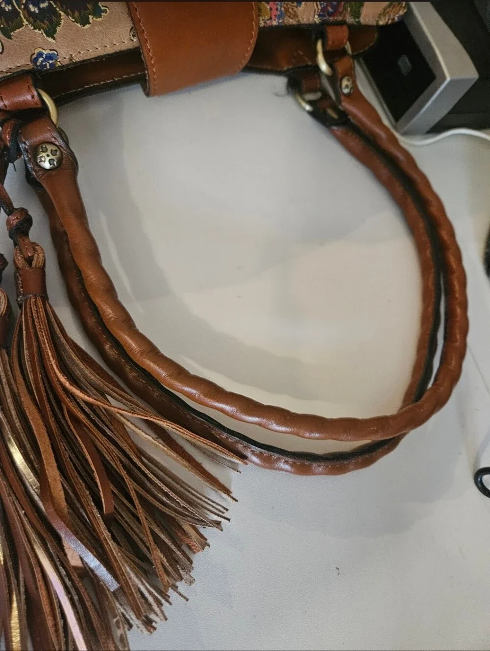 Floral Embossed Tan Leather Tote Bag